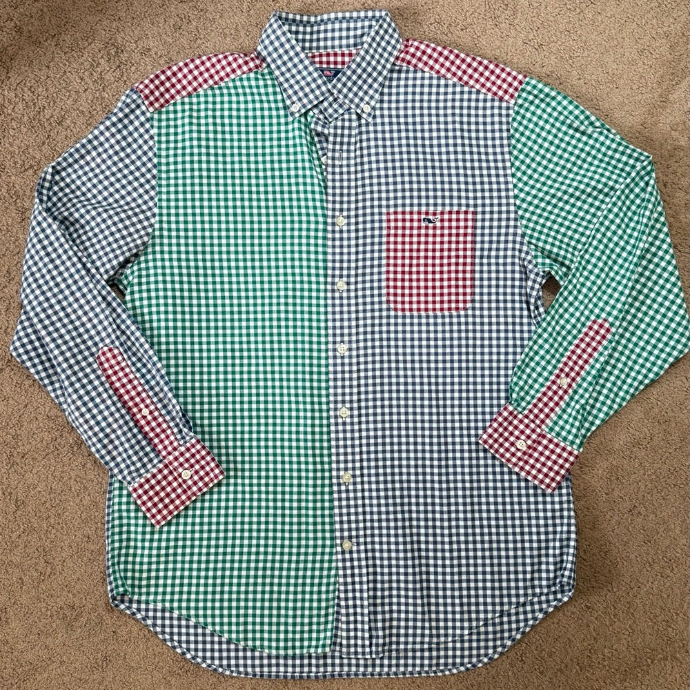 Vineyard Vines Shirt Mens Medium  Gingham Check Colorblock Tucker Preppy Casual